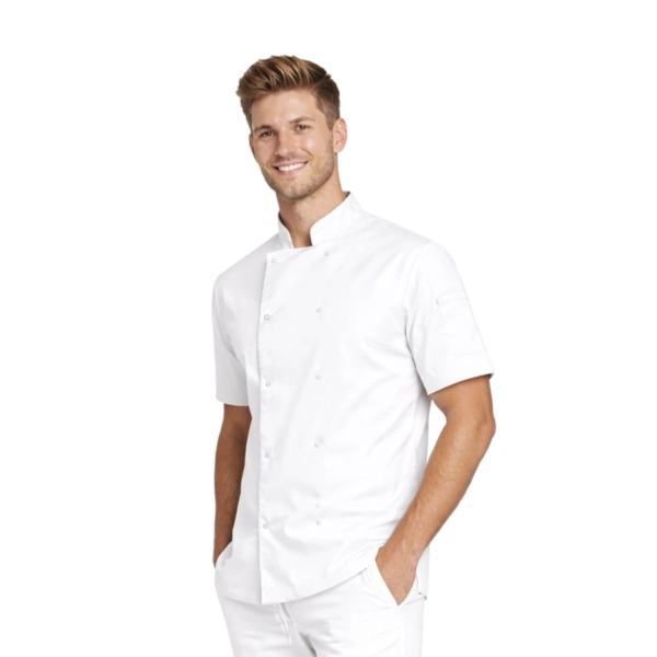 Bluza kucharska biała na napy elastyczna krótki rękaw roz.3XL – bluza kucharska – odzież gastronomiczna